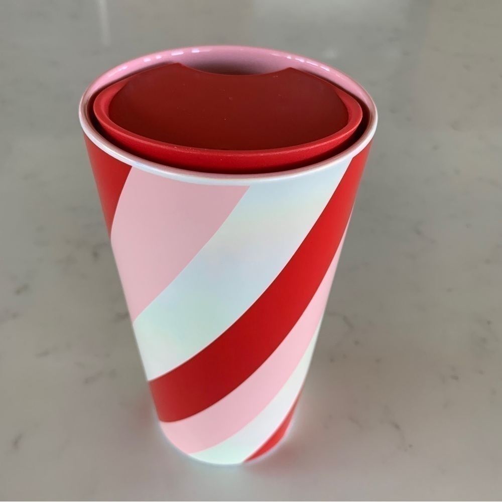 Starbucks Red Pink & White Stripes Ceramic Travel Mug 12oz - Picture 4 of 4